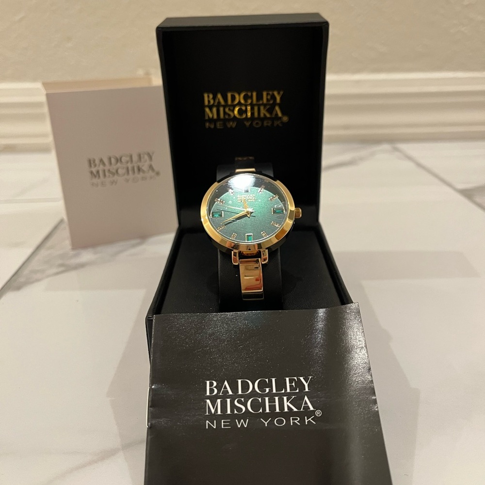 Badgley Mischka Gold and Emerald Green Bracelet Watch